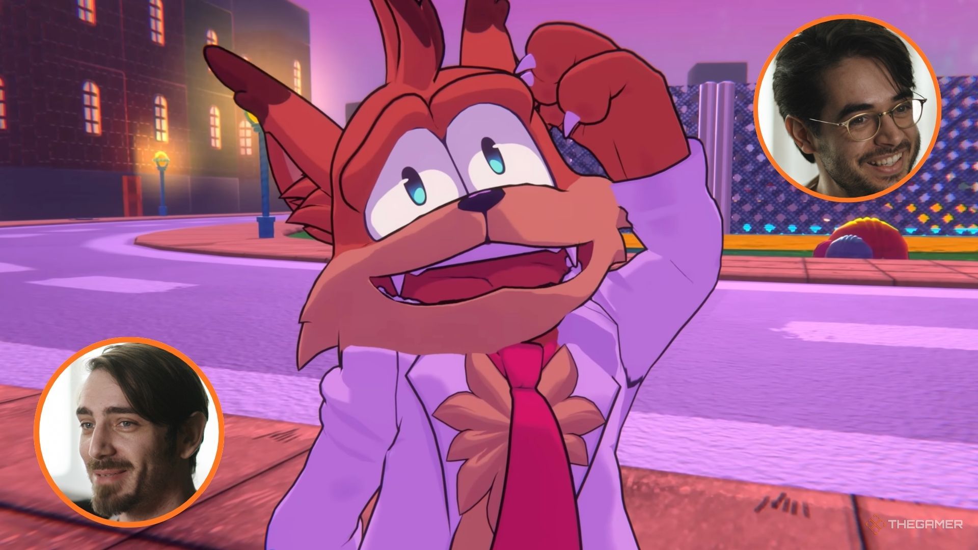 Bubsy from Bubsy 4D looking confused next to Fabraz's lead developers.