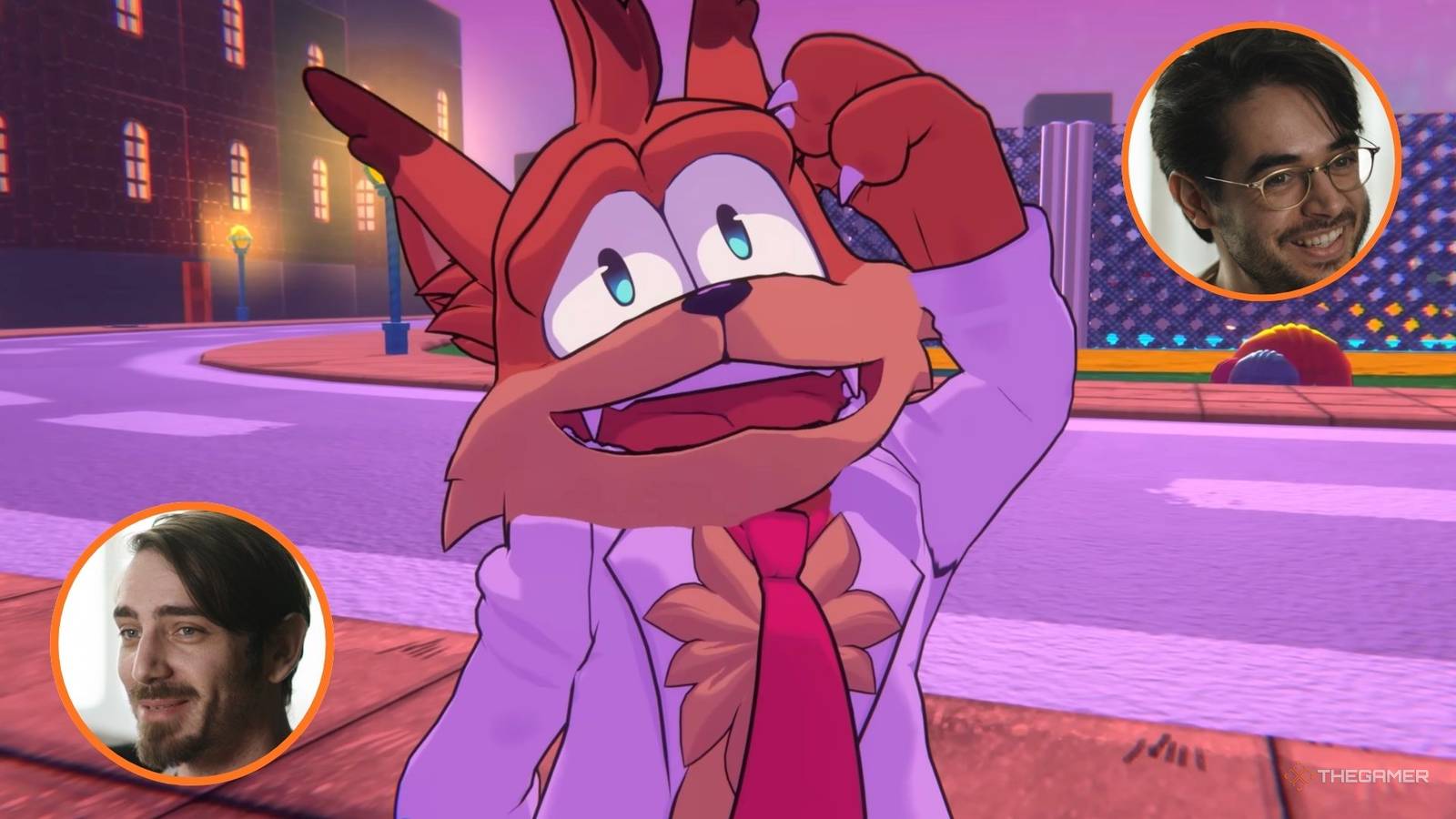 Bubsy from Bubsy 4D looking confused next to Fabraz's lead developers.