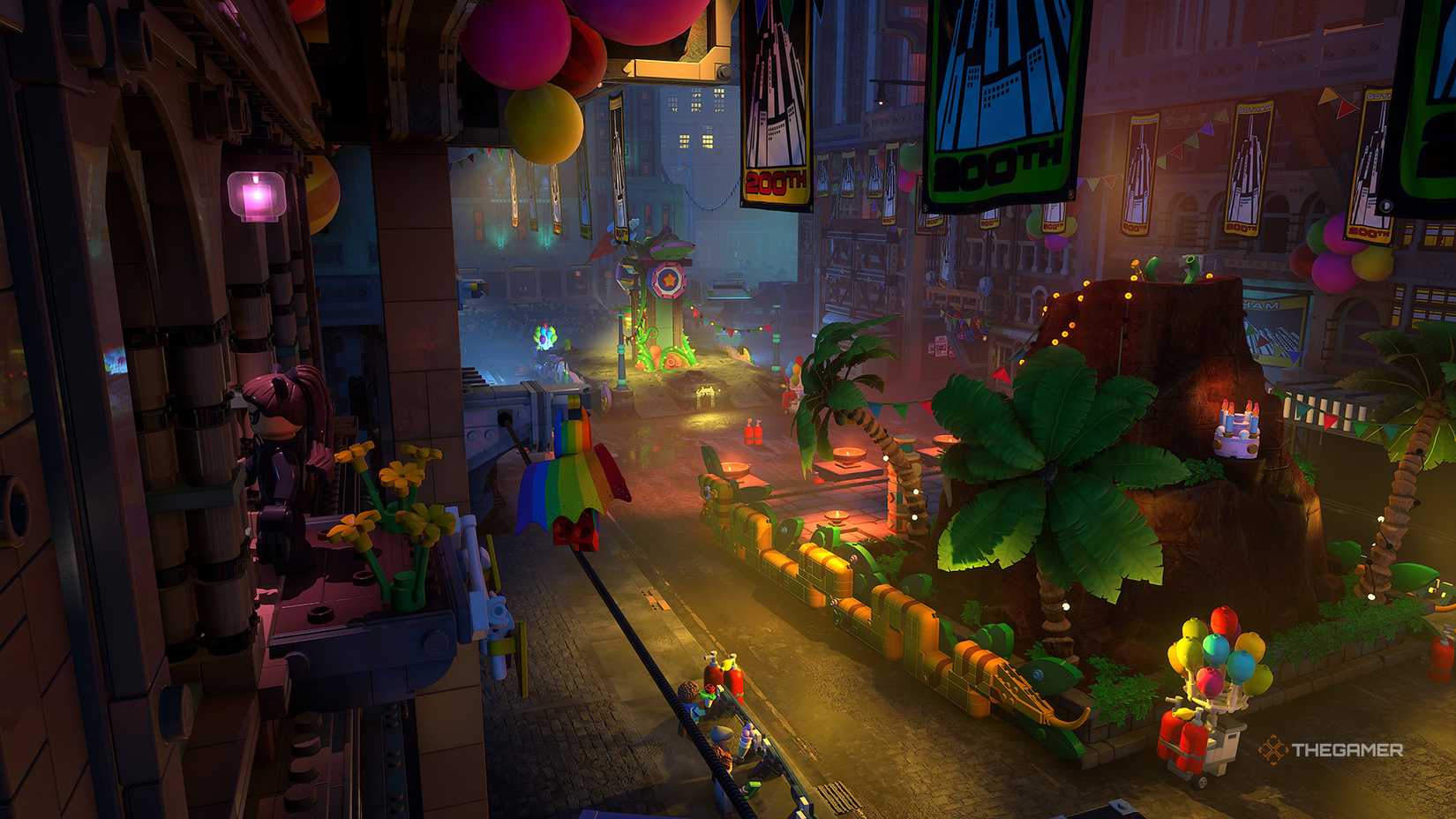 Catwoman standing on a flowerbed, breaking a window in The Dark Knight's LEGO Batman Legacy.