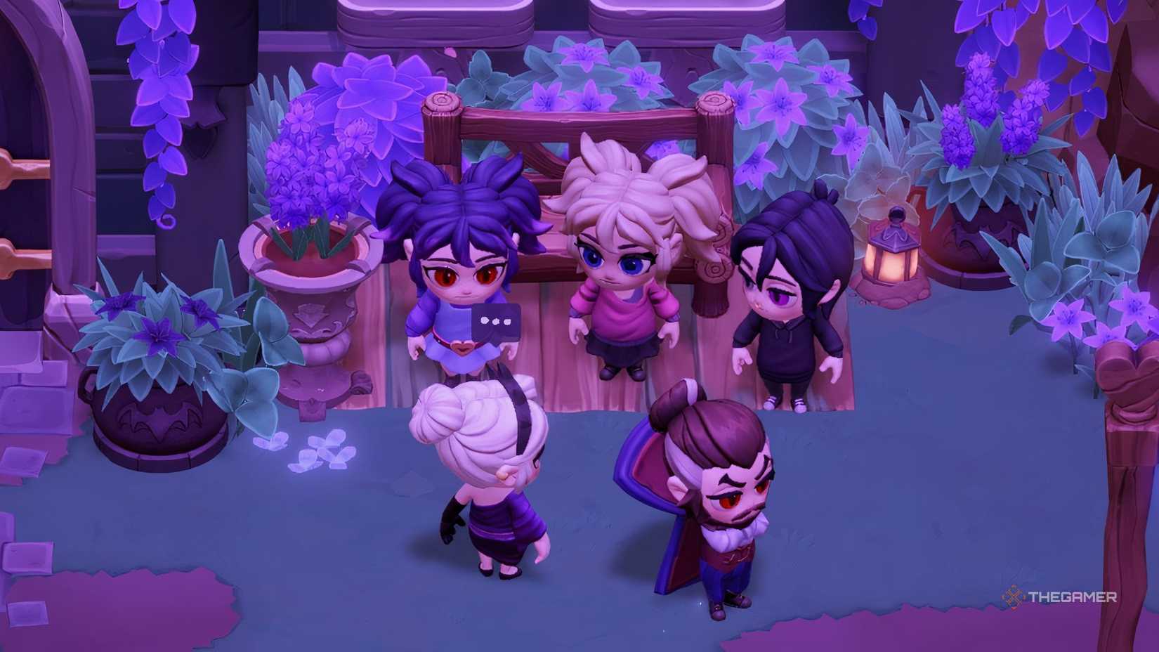 A group of characters talking in Moonlight Peaks.
