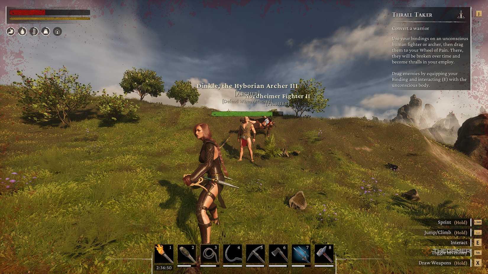 Conan Exiles Pulling a slave by a rope.