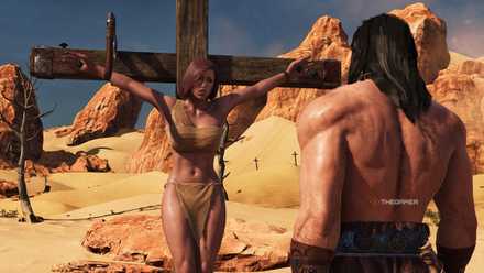 Conan Exiles Enhanced A woman on a crucifix while Conan just stands there mocking her.