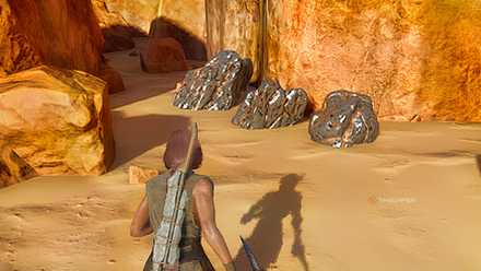 Conan Exiles Enhanced A woman runs towards the iron deposits.