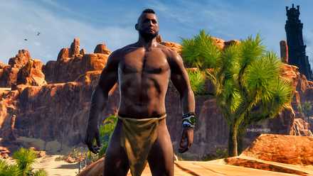 Conan Exiles An enhanced dark-skinned man stands proudly.