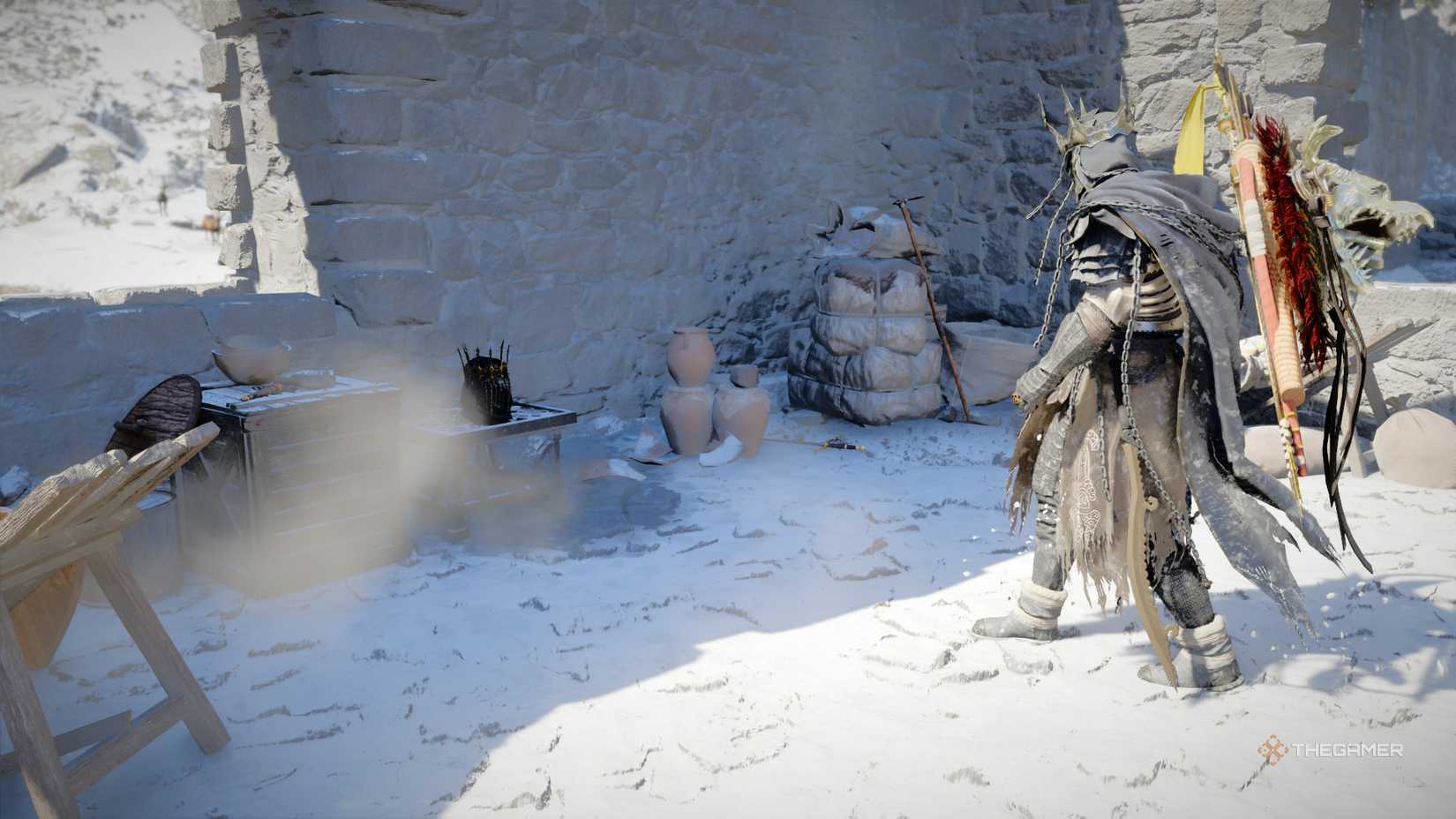 Kliff approaches The Armor Of The Shadows Helmet in the Crimson Desert.