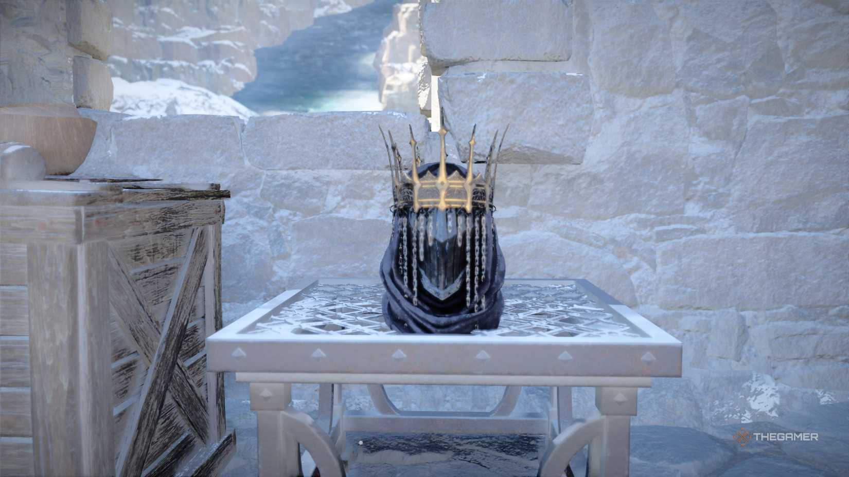 Helmet of Shadows on a table in the crimson desert.