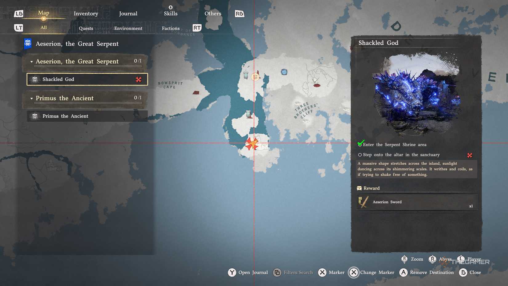 The Shackled God Quest Start On Map in Crimson Desert.