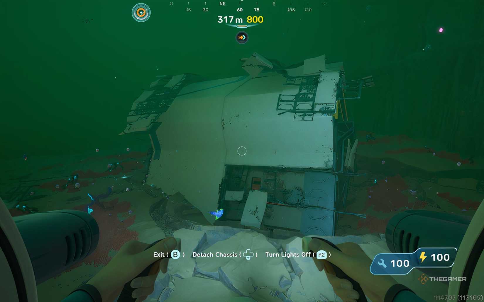 A shipwreck scene inside a cliff in Subnautica 2. 