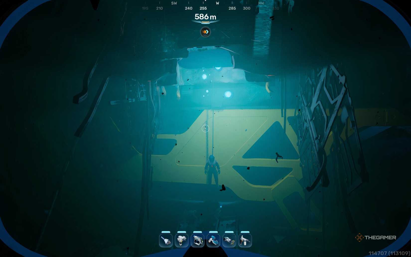 A corpse floating in front of the Cicada shipwreck in Subnautica 2.