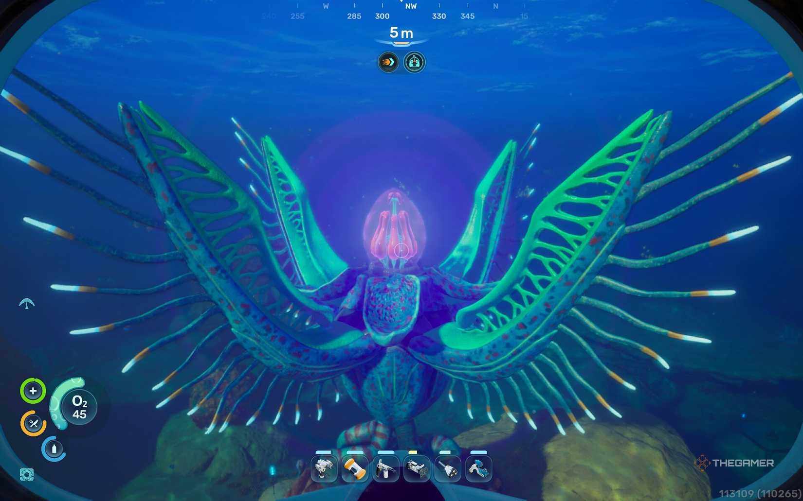 A giant, glowing angel plant attached to the ocean floor in Subnautica 2.