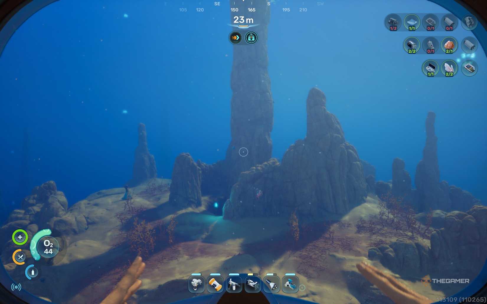 Players looking at tall rock structures underwater in Subnautica 2.