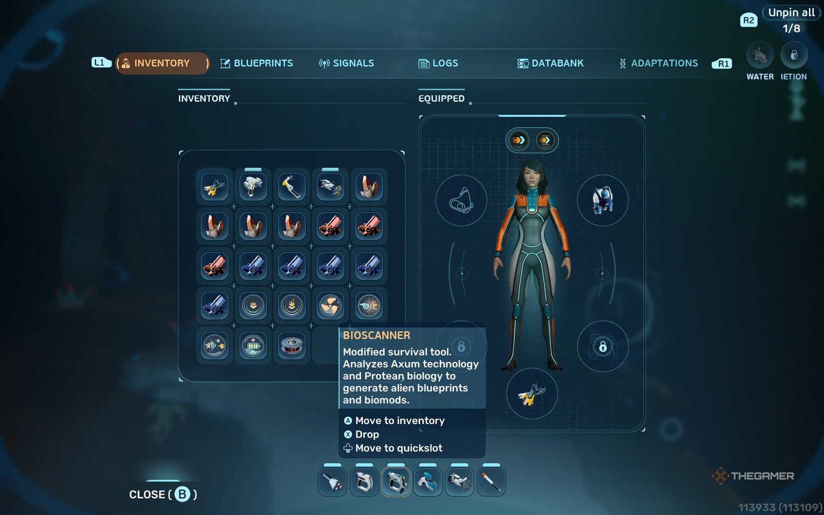 The bioscanner is highlighted in Subnautica 2's toolbar.