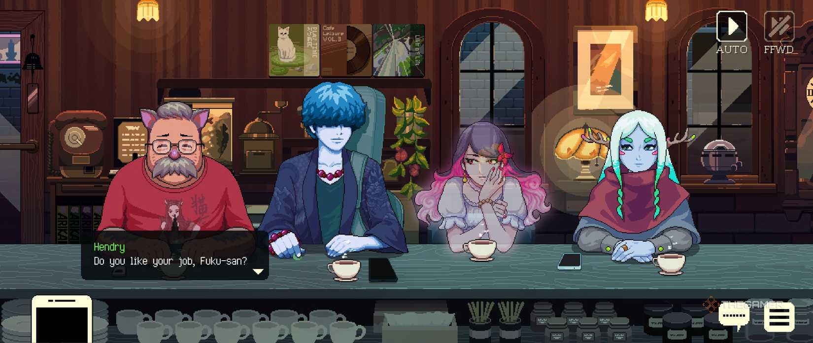 In Coffee Talk Tokyo, four youkai sitting at the counter of a coffee shop and a nekomata asking about the woman's occupation. 