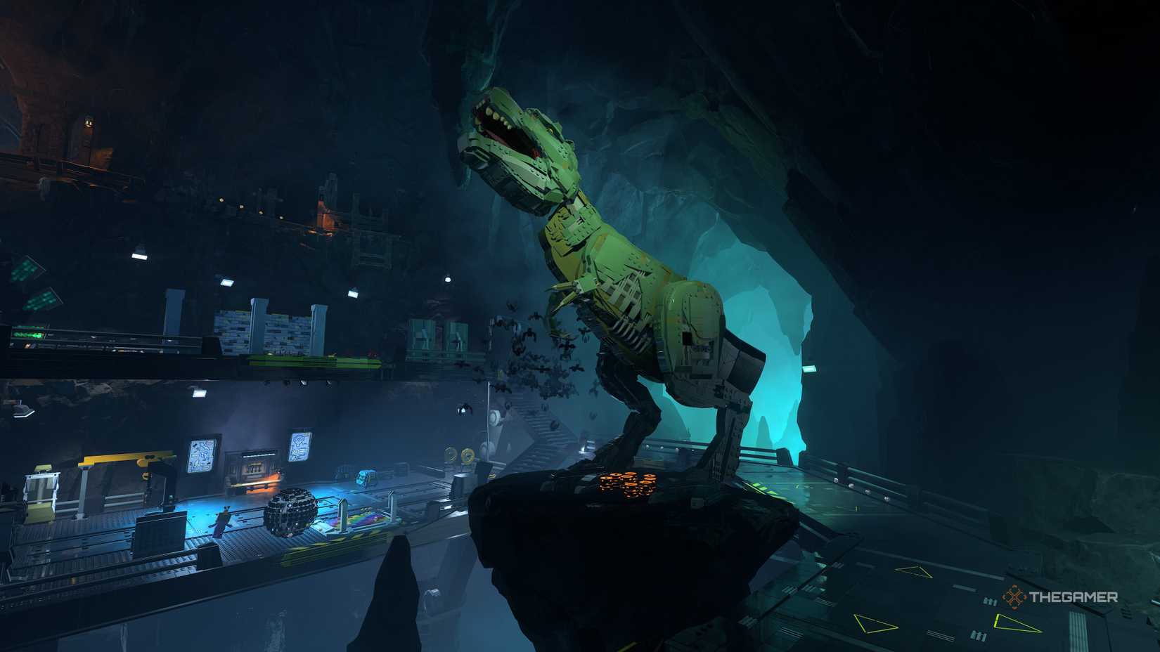 A giant T-Rex in the Batcave in Lego Batman Legacy of the Dark Knight.