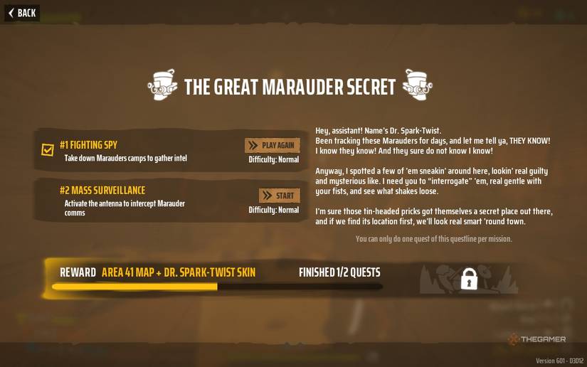 The Great Marauder Secret quest line in Far Far West.
