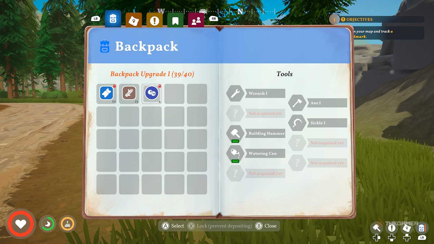 An in-game backpack with a few items locked in Outbound.