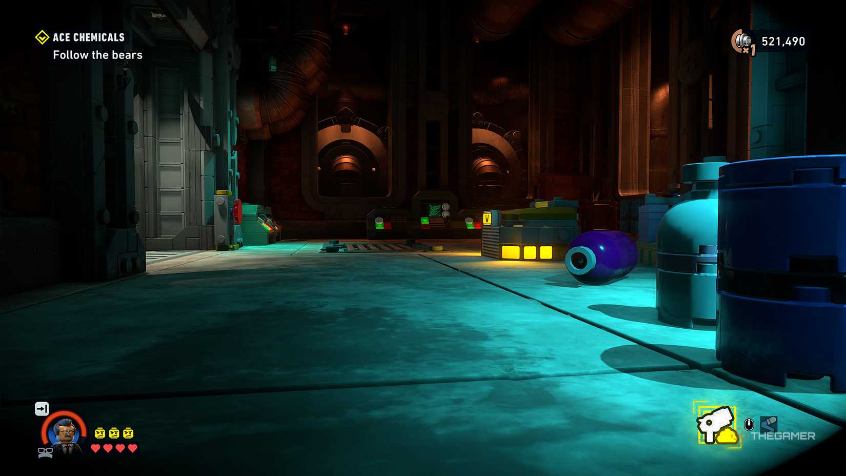 Jim Gordon crawling into the WayneTech cache in LEGO Batman: The Dark Knight Legacy.