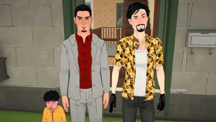 Kiryu Majima and the toddler in Paralives.