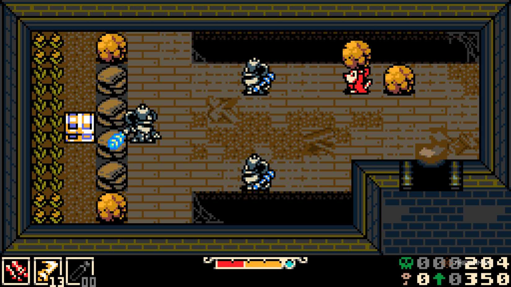 In Mina the Hollower, Mina is preparing to hurl a large rock at her unassuming enemy.