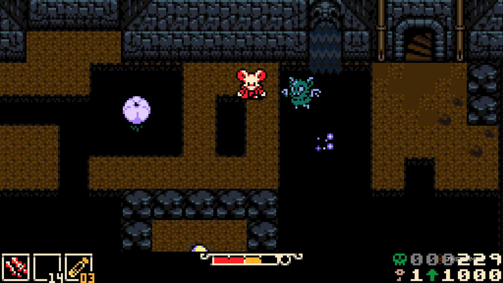 Mina attacks approaching enemies as she moves away from the pit, preventing them from falling into the hollow Mina.