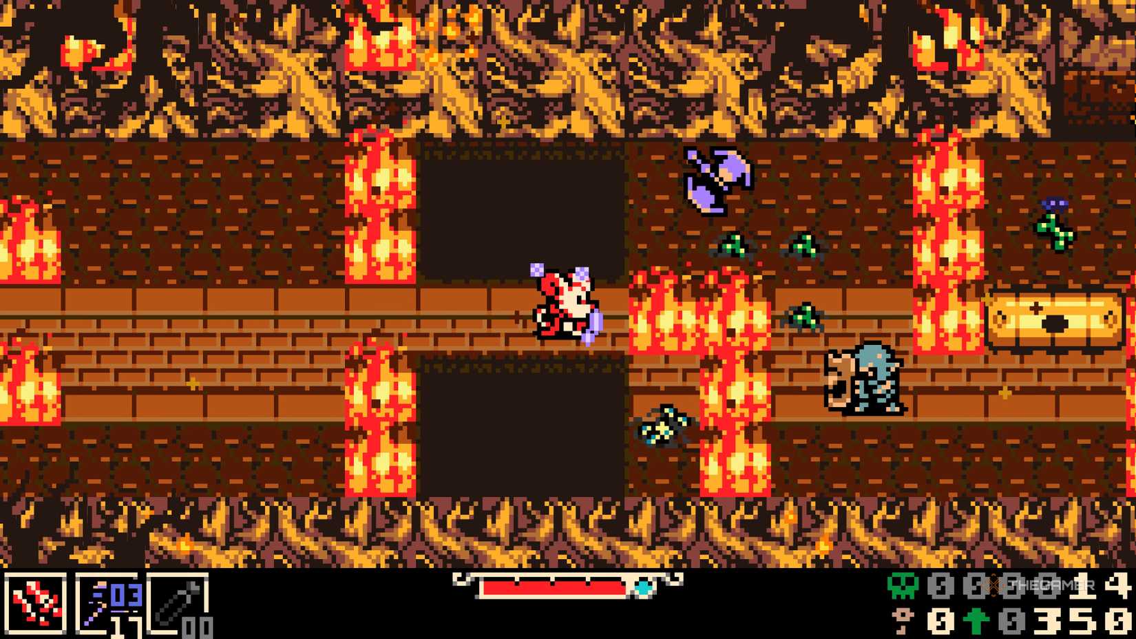 Mina uses her sidearm to hurl axes at enemies on the other side of the wall of fire in Mina the Hollower.