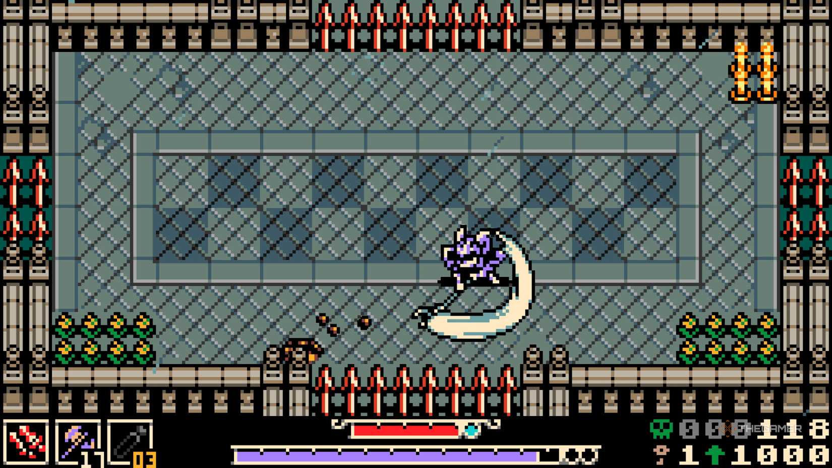 Thorne unleashes a series of vicious blows, propelling him forward with each turn of Mina the Hollower.
