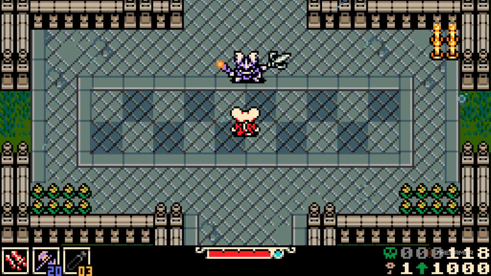 Thorne jumps from the roof of the Ossex Orphanage, down in front of Mina, moments before their first battle in Mina the Hollower.