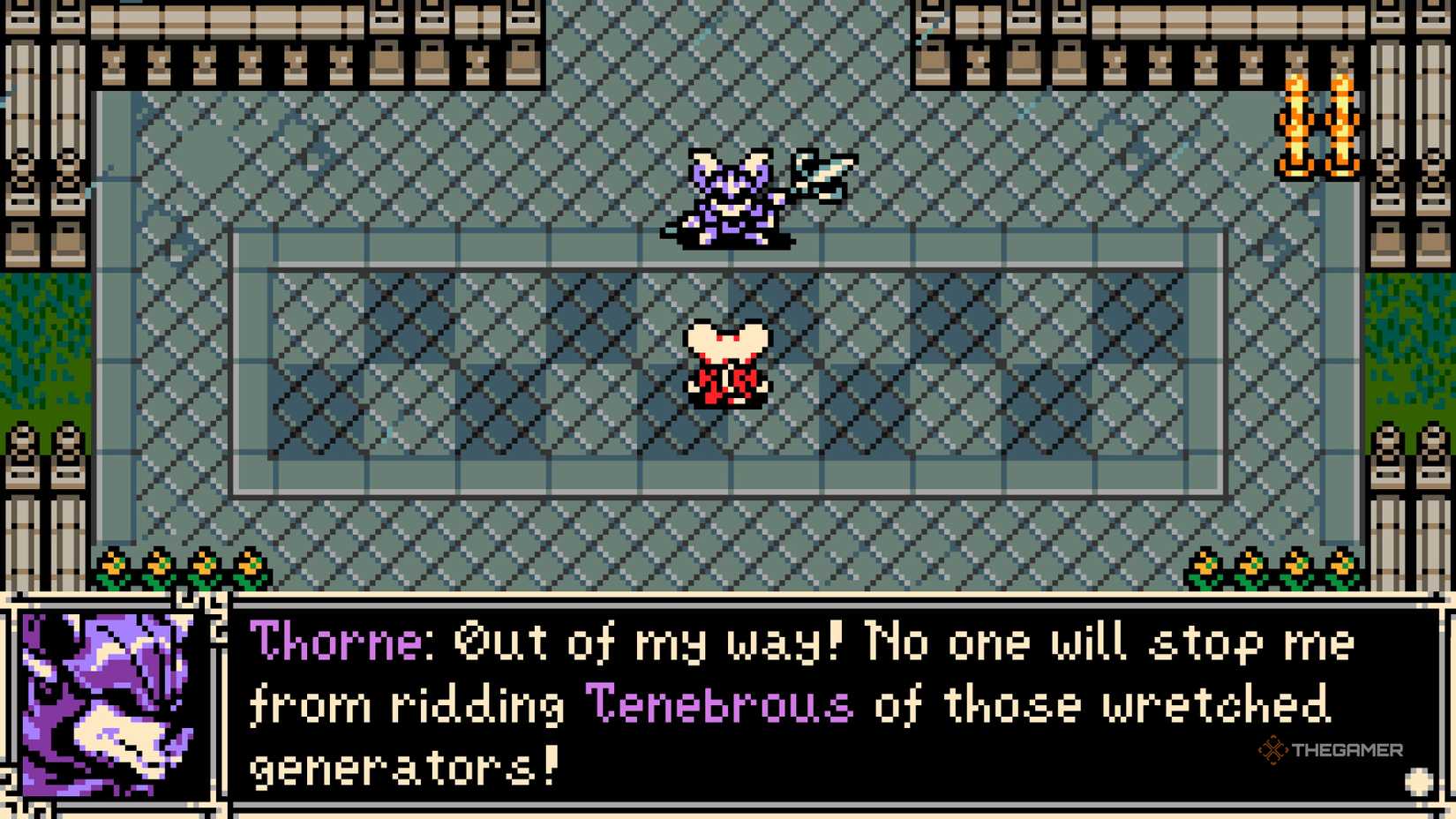 Thorne threatens Mina outside the Ossex Orphanage in Mina the Hollower.