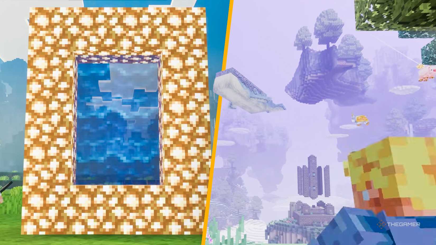 Minecraft Aether portal side-by-side with the Aether dimension.