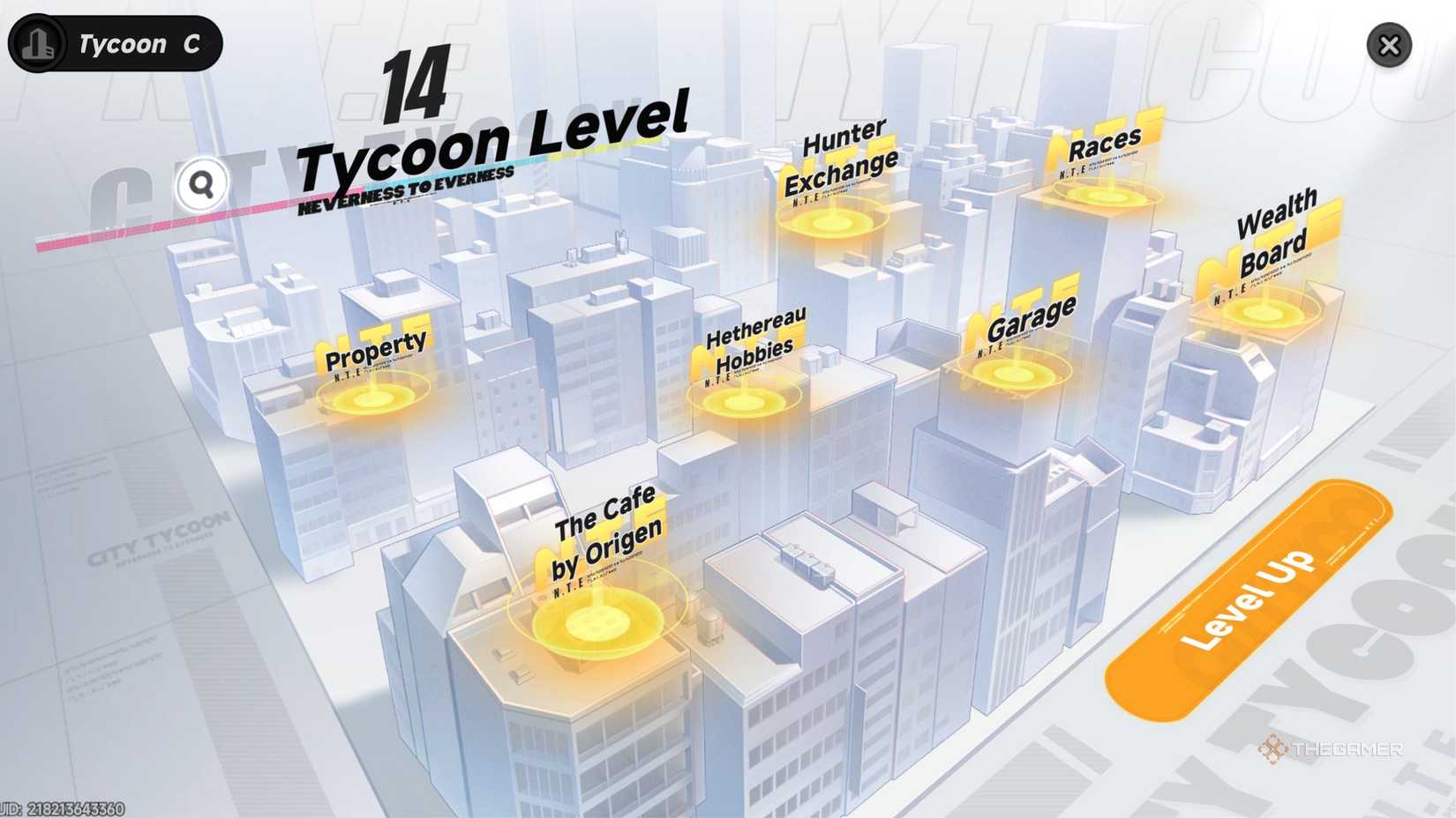 Neverness To Everness NTE Tycoon level main screen.