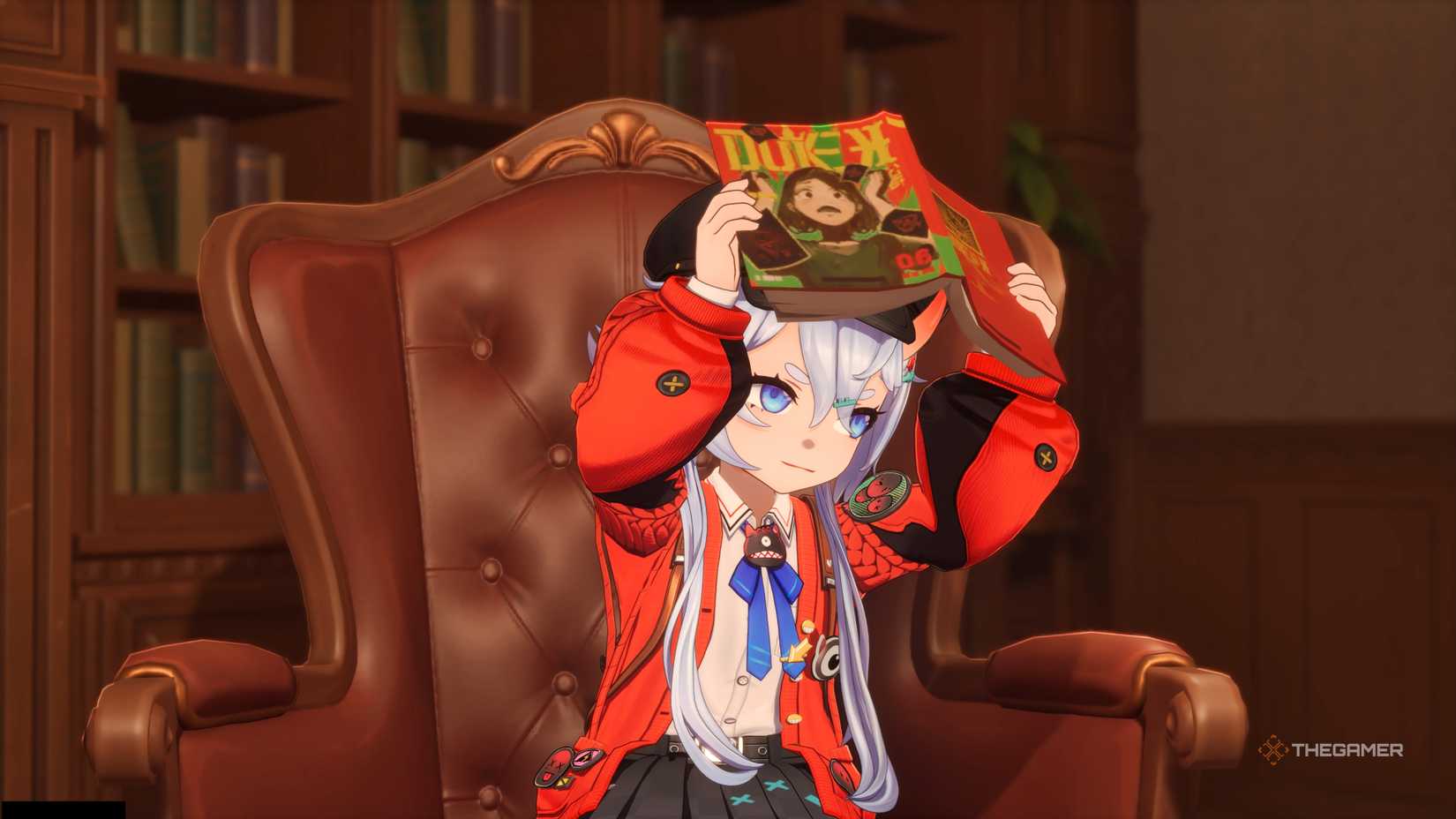 Sakiri holding a volume of manga above her head while sitting on a large chair in Neverness to Everness.