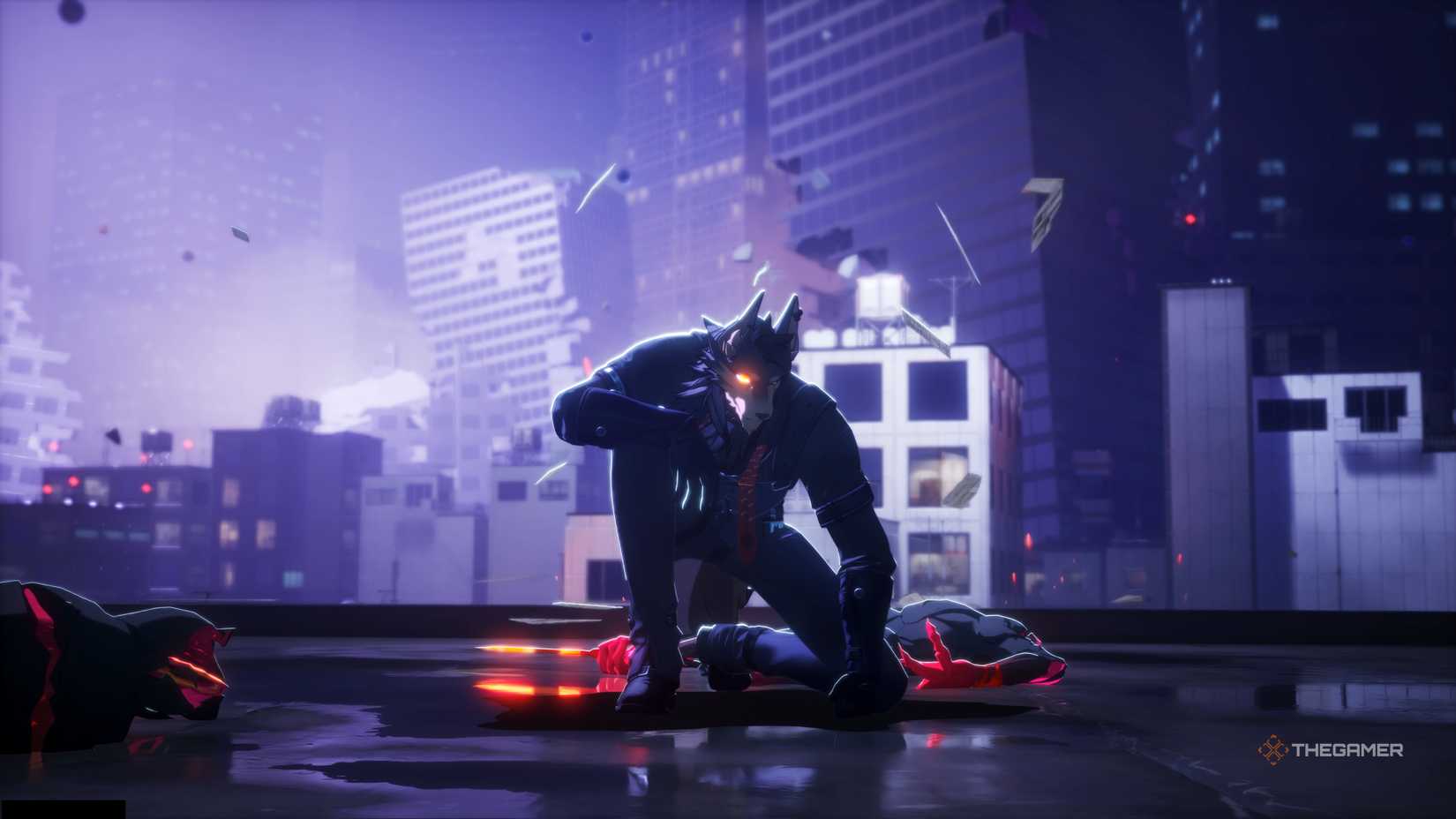 Skia kneeling after executing several anomalies with her unique shadow abilities in Neverness to Everness.