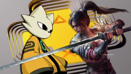 The main characters of Nine Sol and Woo Chang's Fallen Feather appear in front of the PS Plus logo.
