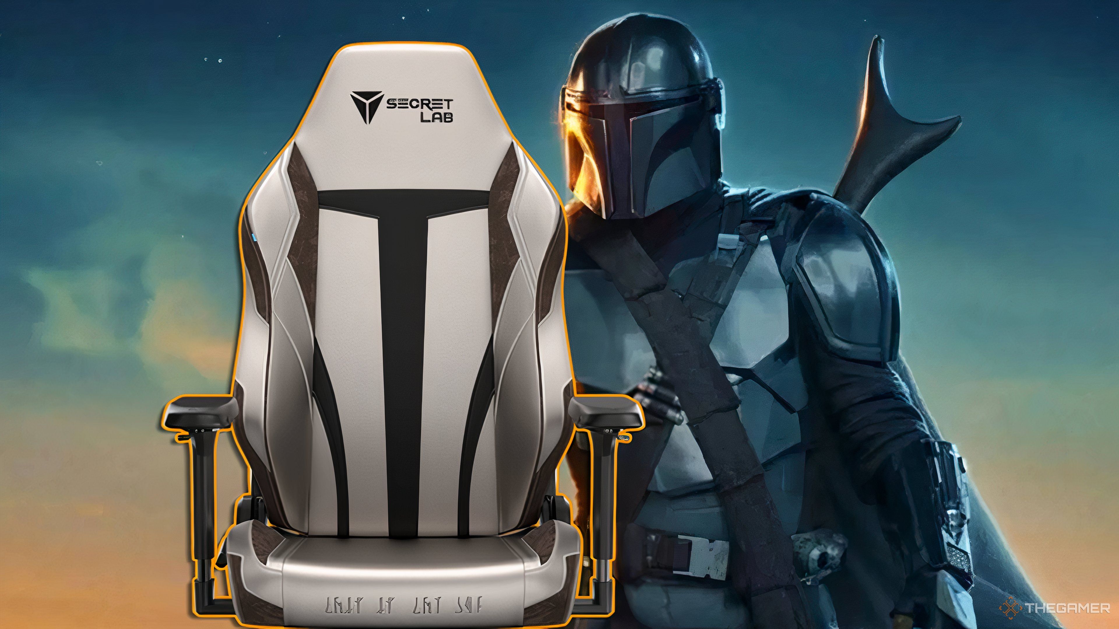 the mandalorian standing next to secretlab's mandalorian titan evo chair.