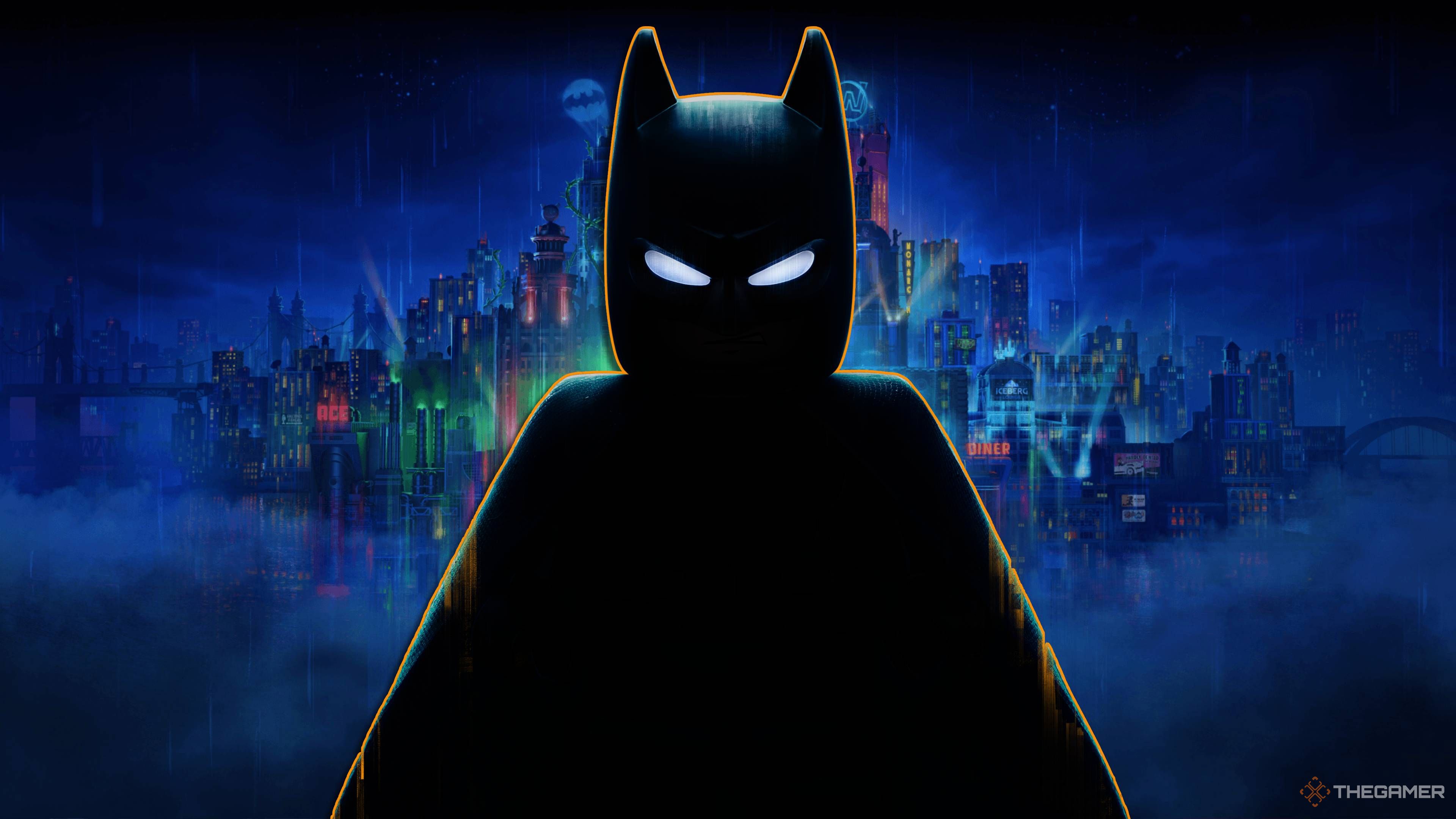 lego batman's silhouette in front of legacy of the dark knight's map.