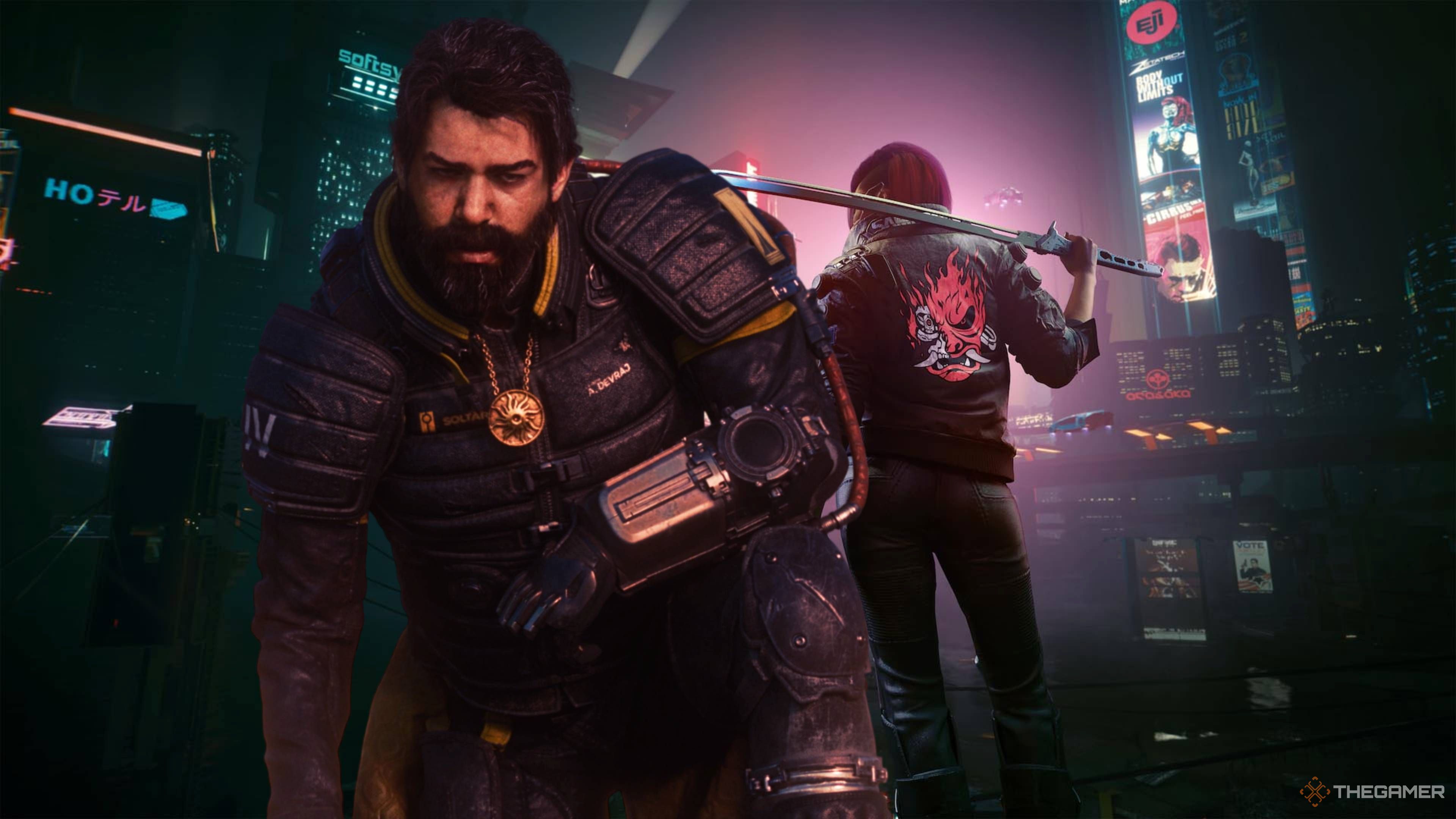 lead character from saros standing in front of v from cyberpunk.