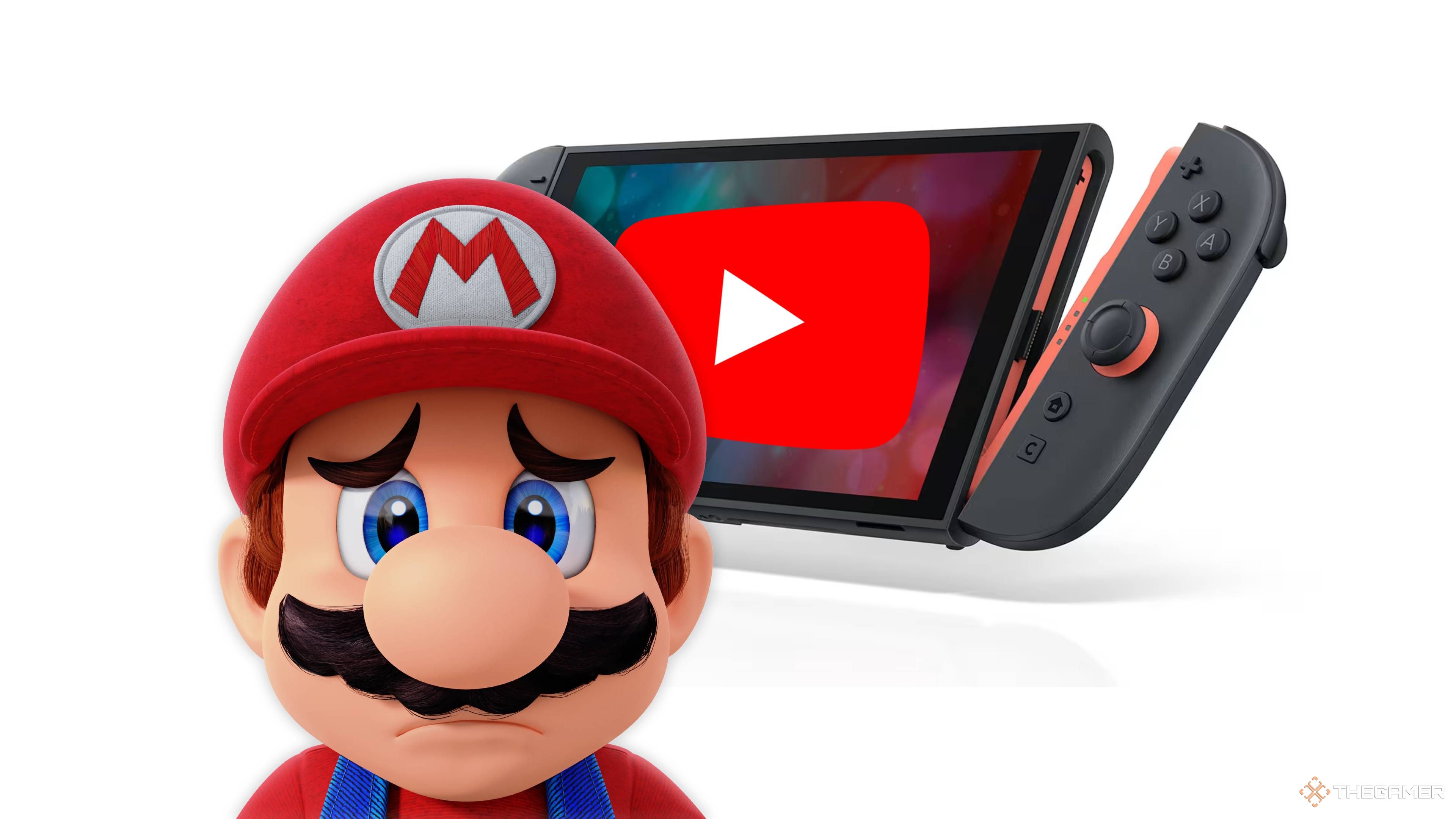 sad mario in front of a switch 2 with a youtube logo on it.