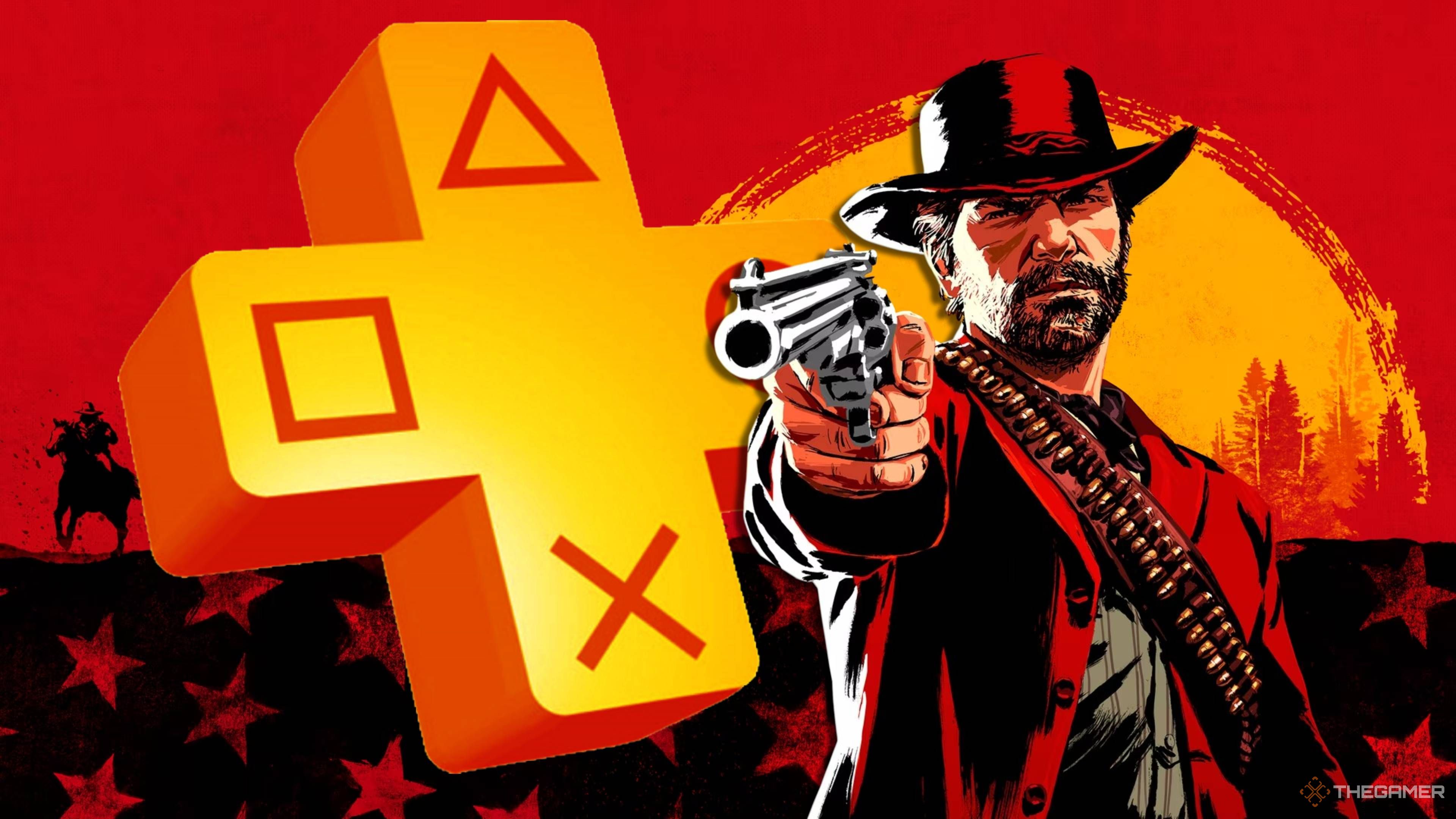 arthur morgan from red dead redemption 2 standing next to a ps plus logo.