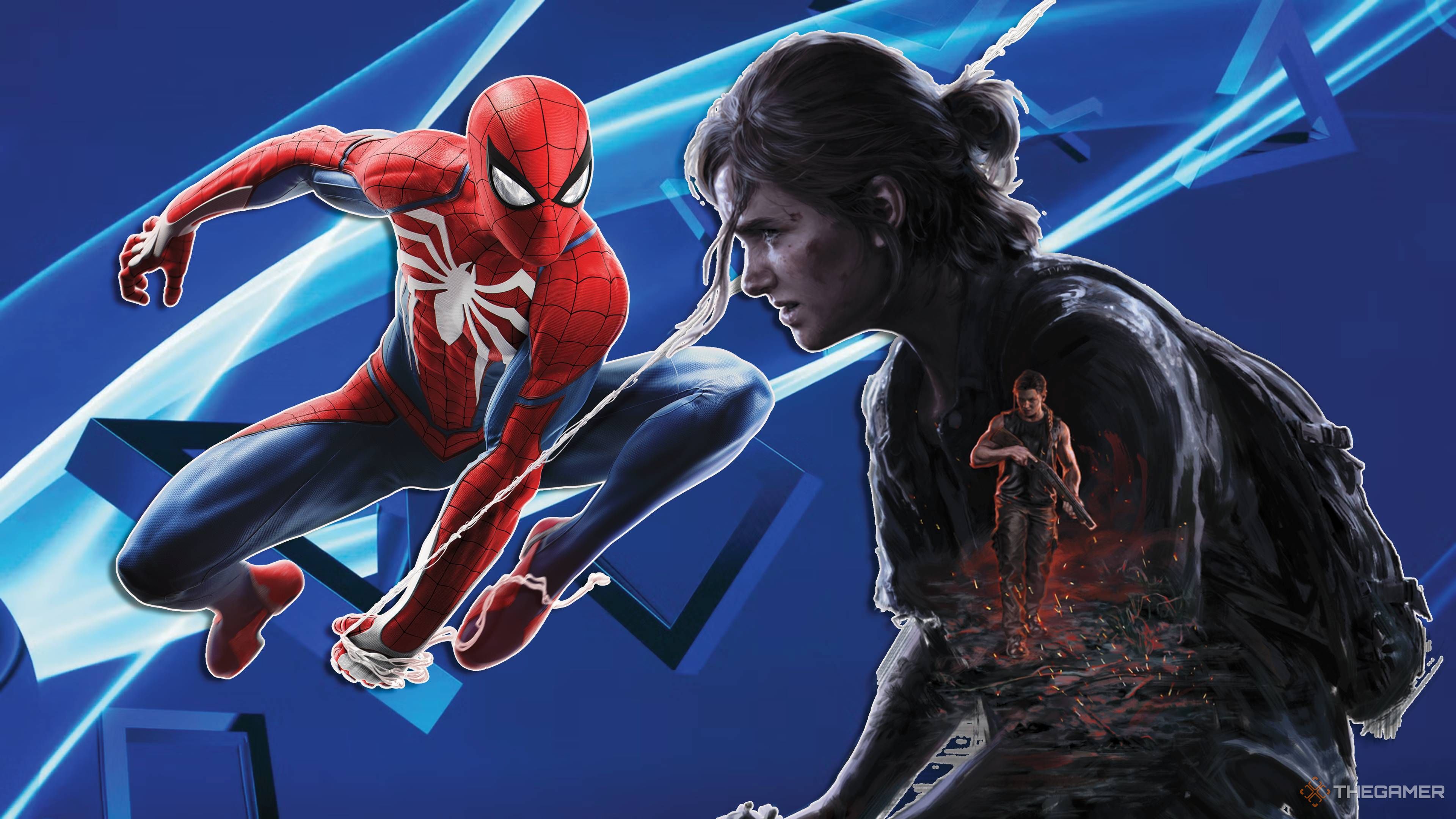 spider-man and ellie from the last of us on a playstation background.