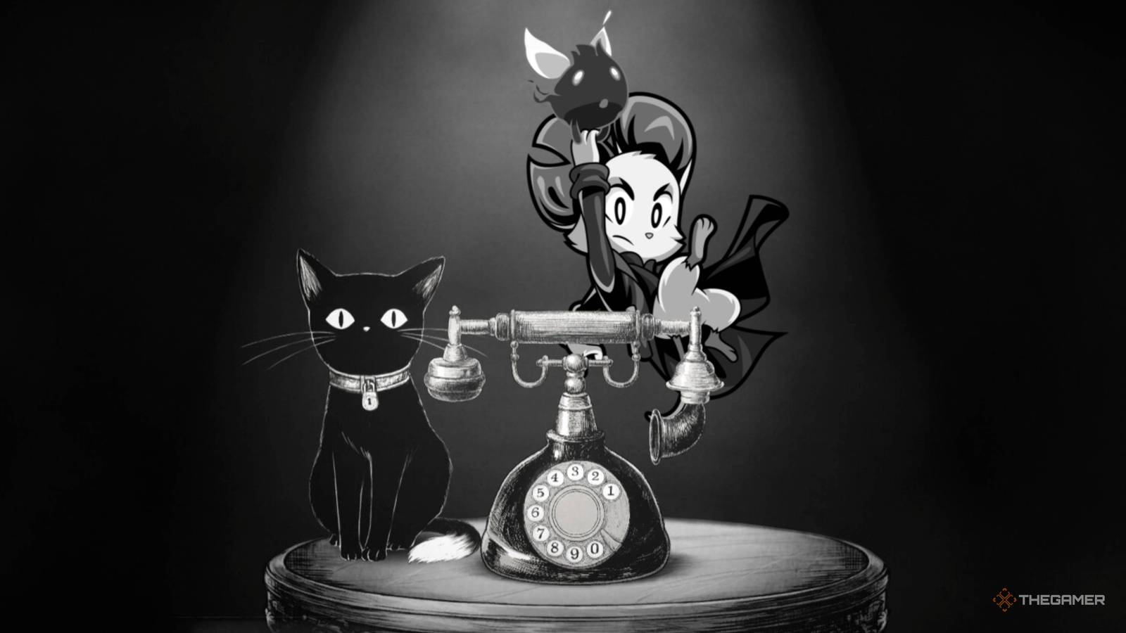 mina the hollower floating behind the cat and the phone from schrodinger's call.
