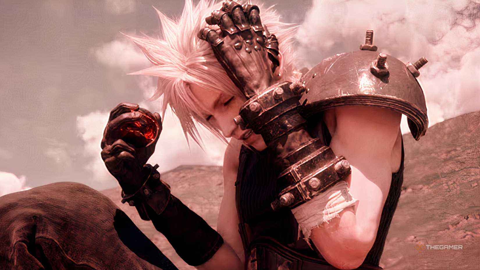 A red image of Cloud Strife holding the Black Materia from Final Fantasy VII Rebirth.