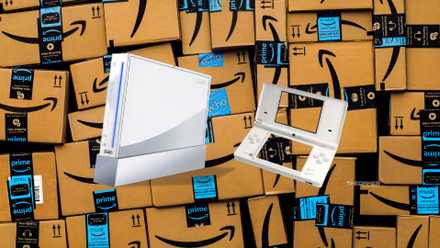 A Nintendo Wii and DS device in front of a bunch of Amazon boxes.