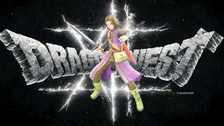 The hero of Dragon Quest XI stands in front of a black and white background marking the logo of Dragon Quest XII.