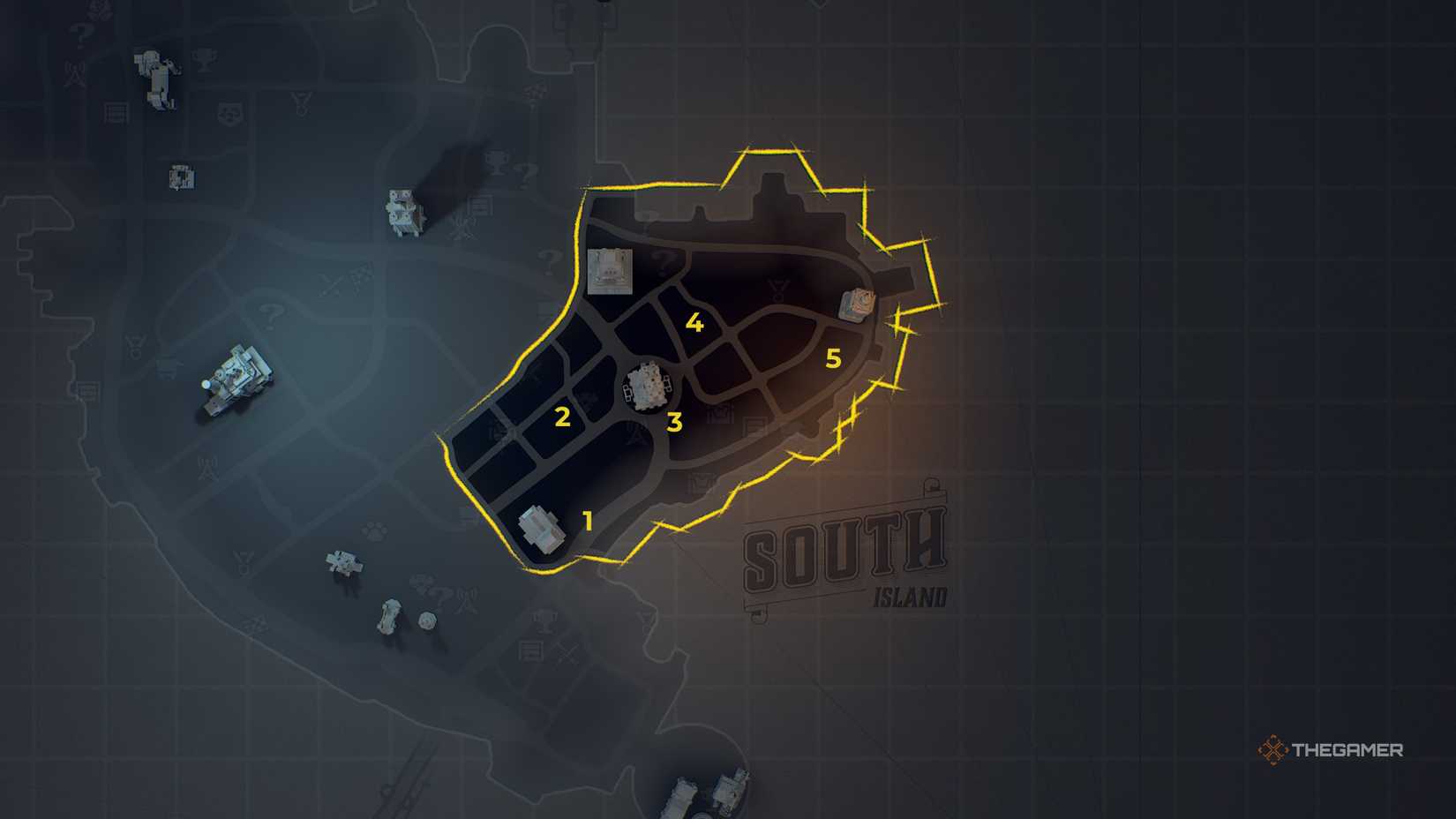 Map of Old Gotham North with bat symbols labeled with numbers.