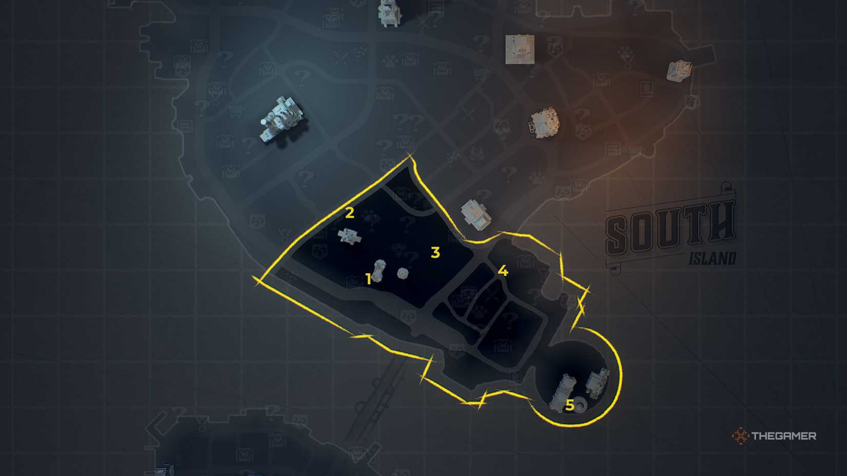 Map of Old Gotham South with bat symbols labeled with numbers.