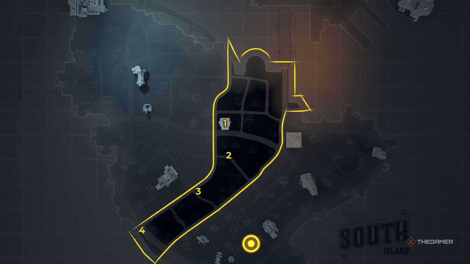 A map of the old Gotham West with bat symbols labeled with numbers.