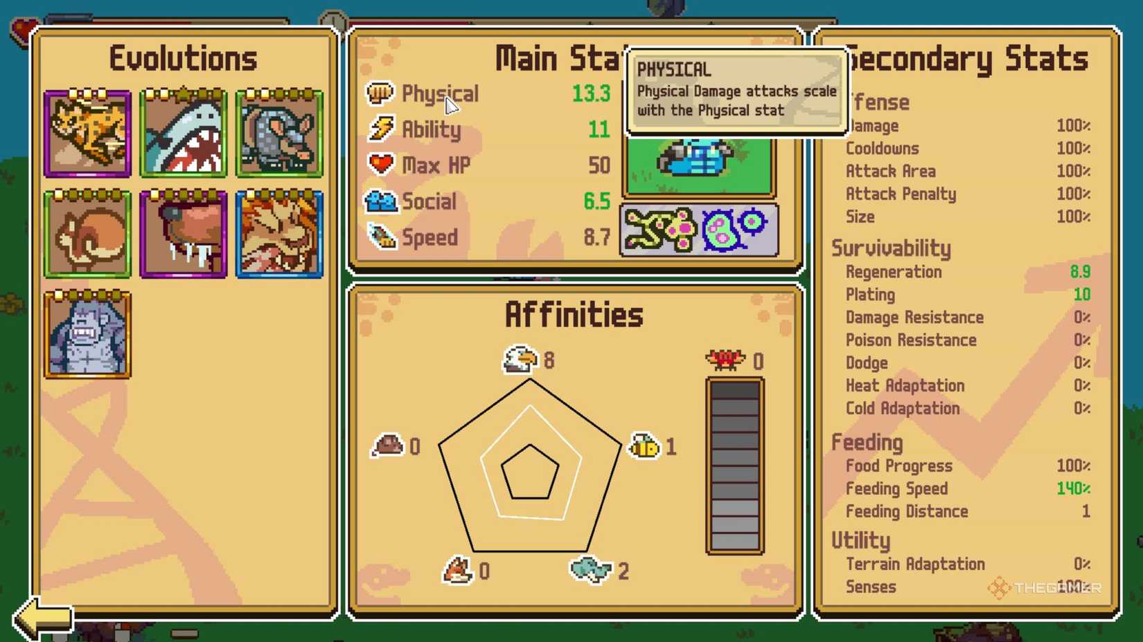 Physical stats page in Everything Is Crab.