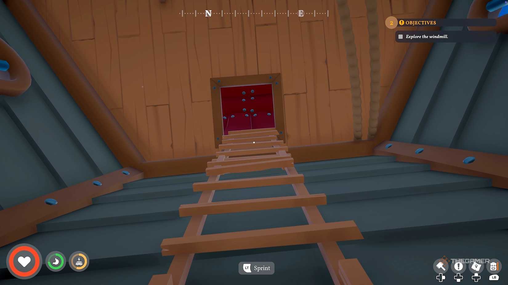 Player looking at a ladder up to an attic in Outbound 2.