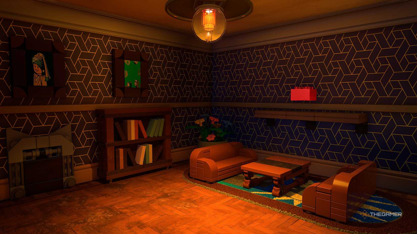 A red brick is sitting on a shelf in the Dark Knight's Lego Batman Legacy apartment.