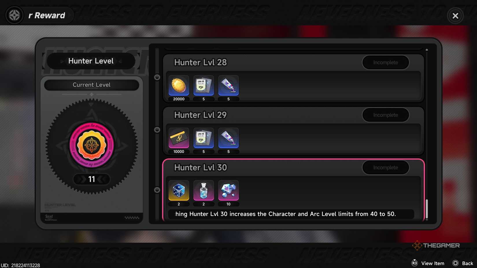 Rewards for reaching Hunter Level 30 in NTE.